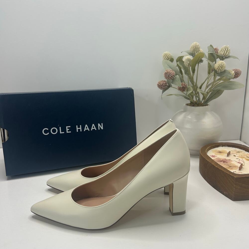 Cole Haan Mylah Leather Chunky Heel Pump 75MM Ivory W29249 Women 8B Tried On - Picture 3 of 9